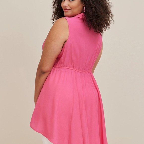 Torrid Babydoll Poplin Button-Front Hi-Low Shirt Sleeveless Pink - Picture 5 of 12